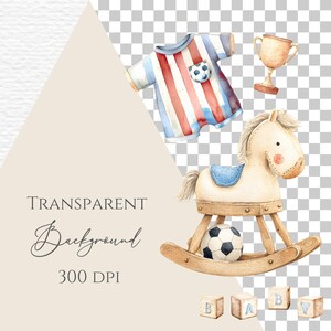 May include: Watercolor illustration featuring a baby theme. Includes a rocking horse, soccer ball, trophy, soccer jersey, and blocks spelling "BABY". The jersey has red and blue stripes. The rocking horse is cream-colored with a blue saddle.