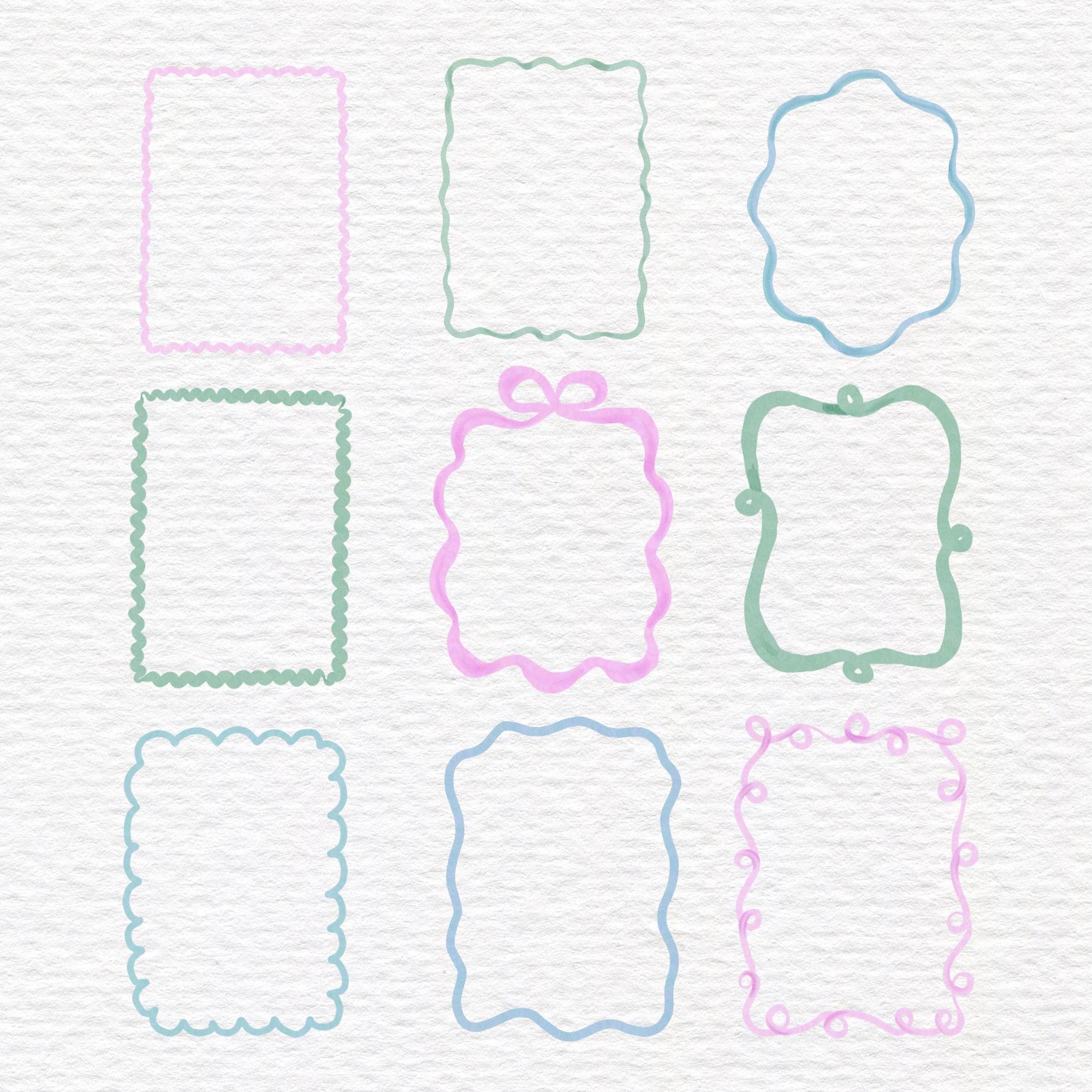 Whimsical Watercolor Frame Clipart Bundle, Wavy Border Frames, Preppy ...