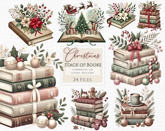 May include: A set of 24 digital illustrations of Christmas-themed stacks of books with various ornaments, greenery, and festive details. The text "Christmas Stack of Books" and "Cozy Christmas Books" is included in the image.