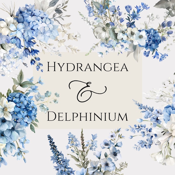 Blue hydrangea clipart, Blue floral Delphinium bouquets and wreaths. Commercial use included.