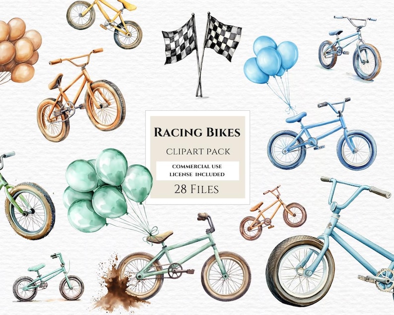 May include: A watercolor clipart pack of 28 racing bikes in various colours, including blue, yellow, and green. The clipart includes chequered flags, balloons, and a title that reads "Racing Bikes Clipart Pack Commercial Use License Included 28 Files".