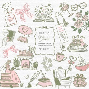Pode incluir: Uma coleção de ilustrações desenhadas à mão em rosa, verde e preto. A imagem inclui laços, livros, uma lareira, uma chávena, uma chave e o texto "HER NEXT Chapter". A imagem está rotulada como "COMMERCIAL USE LICENSE INCLUDED" e "96 FILES".