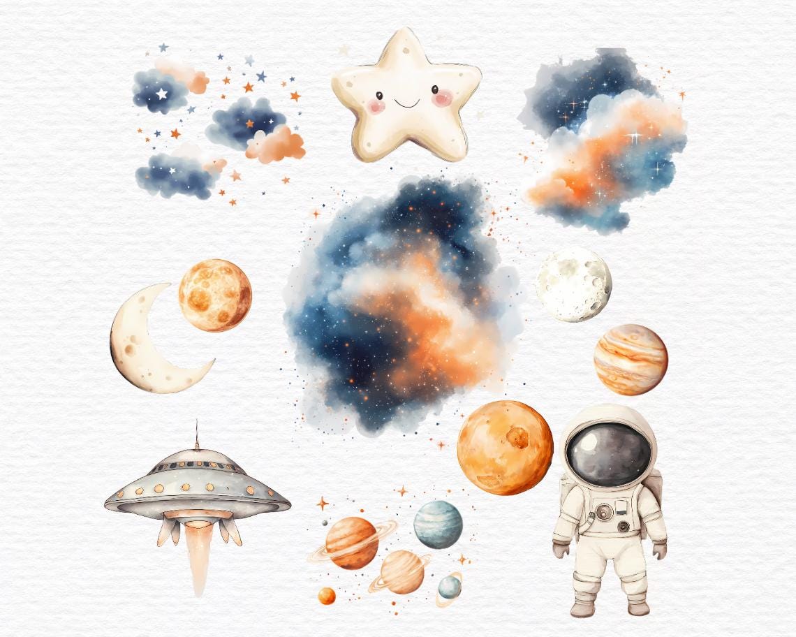 Watercolor Space Clipart Bundle Astronaut Rocket Png, Astronaut Clipart ...
