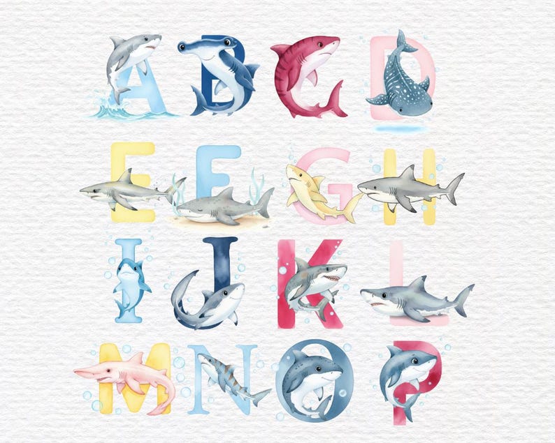 Shark In Letters Shark Alphabet Clipart Kids Party Shark Birthday Decor, Ocean Theme ...