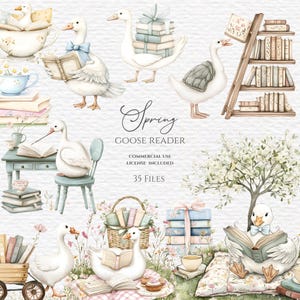 May include: Watercolor illustration featuring geese reading books, surrounded by stacks of books, teacups, and floral elements. The text "Spring Goose Reader" is displayed. The image has a soft, pastel color palette, evoking a whimsical and literary theme.