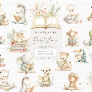 A new chapter baby shower clipart. Watercolor safari animals png, Book Lover Clipart, Bookworm Clipart, Animals Reading Book.