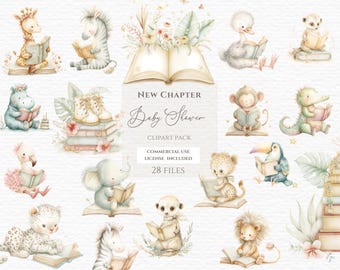 A new chapter baby shower clipart. Watercolor safari animals png, Book Lover Clipart, Bookworm Clipart, Animals Reading Book.