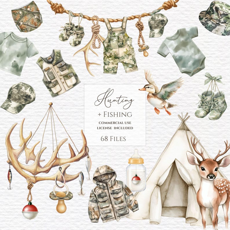 Hunting And Fishing Baby Shower Clipart, Fishing Tackle Watercolor Clipart, Fishing Lure Clipart, Fishing Net Clipart, Birthday clipart. image 1