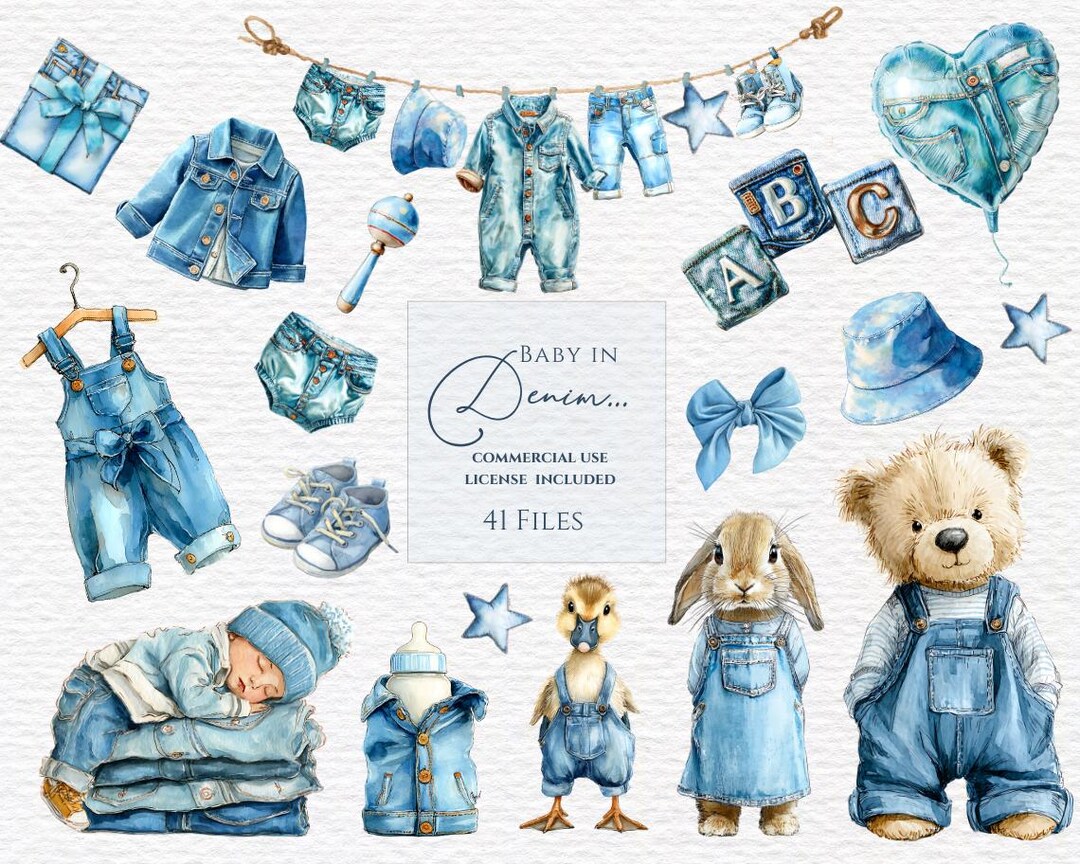 Blue Jeans Baby Shower Clipart Watercolor Denim Baby Clipart, Rustic ...