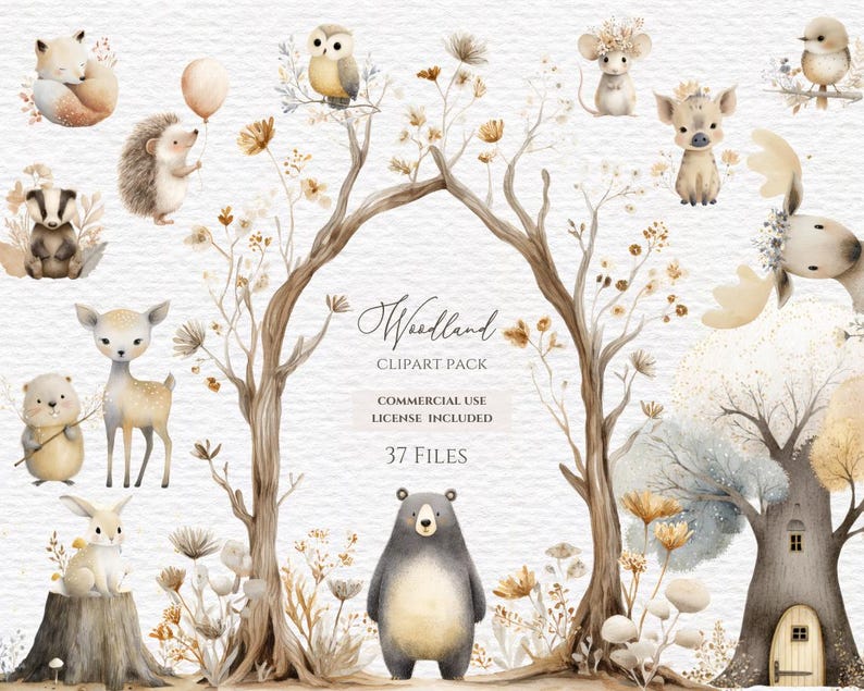 May include: Watercolor clipart pack featuring woodland animals like a bear, deer, and owl, along with floral elements and trees. The text "Woodland Clipart Pack" is displayed, with the number of files included, 37.