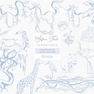 Toile de jouy safaridieren, tropische wijnstokken, babyshower clipart, blauwe toile clipart, chinoiserie clipart, jongens 1e verjaardag.