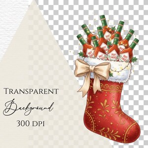 May include: A festive red Christmas stocking filled with bottles of hot sauce. The stocking has gold embellishments and a cream-colored bow. The bottles have green caps and the words "HOT SAUCE" on the label. The words "TRANSPARENT Background 300 DPI" are also visible.