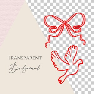 Peut inclure: Dessin au trait rouge d'un n&oelig;ud et d'une colombe sur fond transparent. Le n&oelig;ud est en haut, avec des rubans fluides. En dessous, une colombe aux ailes d&eacute;ploy&eacute;es. Les mots "TRANSPARENT Background" sont &eacute;crits en script noir.