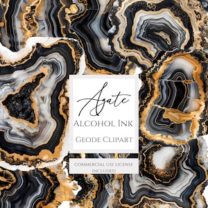 Puede incluir: Clipart de geoda de ágata negra, blanca y dorada. La imagen presenta un primer plano de la ágata con sus intrincados patrones y remolinos. El texto "Agate Alcohol Ink Geode Clipart Commercial Use License Included" se muestra sobre un fondo blanco.