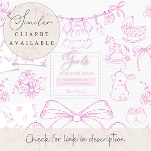 Puede incluir: Conjunto de im&aacute;genes predise&ntilde;adas digitales en rosa y blanco con ilustraciones tem&aacute;ticas de beb&eacute;s. Incluye un vestido, un caballito balanc&iacute;n, un conejito y otros elementos. El texto incluye "Girls", "Toile de Jouy" y "36 archivos".