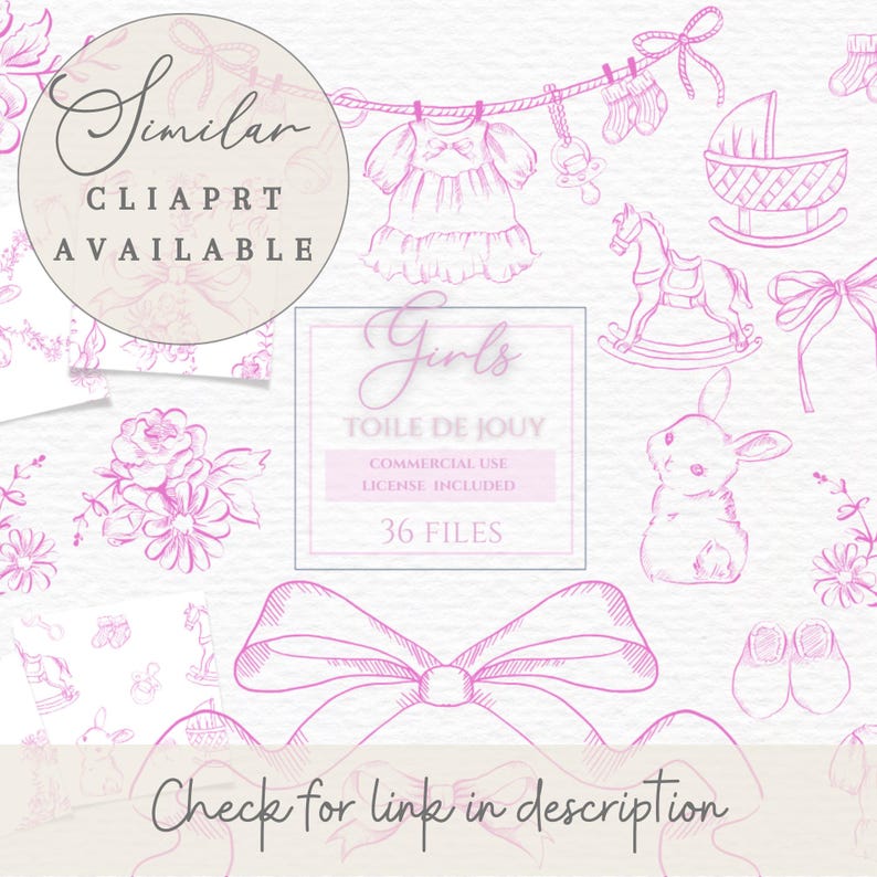 Puede incluir: Conjunto de im&aacute;genes predise&ntilde;adas digitales en rosa y blanco con ilustraciones tem&aacute;ticas de beb&eacute;s. Incluye un vestido, un caballito balanc&iacute;n, un conejito y otros elementos. El texto incluye "Girls", "Toile de Jouy" y "36 archivos".