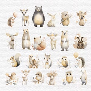May include: Watercolor illustrations of various woodland animals, including bears, deer, owls, and hedgehogs. Each animal is depicted in a soft, pastel color palette with delicate floral accents, creating a whimsical and charming aesthetic.