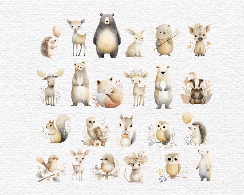 May include: Watercolor illustrations of various woodland animals, including bears, deer, owls, and hedgehogs. Each animal is depicted in a soft, pastel color palette with delicate floral accents, creating a whimsical and charming aesthetic.