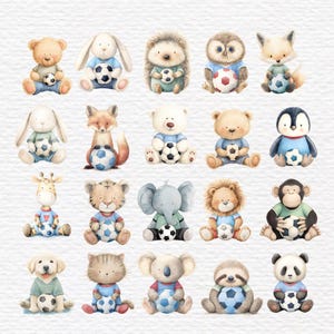 May include: Watercolor illustrations of various animals, including a bear, bunny, hedgehog, owl, and fox, each holding a soccer ball. The animals are depicted in a seated position, wearing blue and red outfits, with a soft, textured watercolor style.