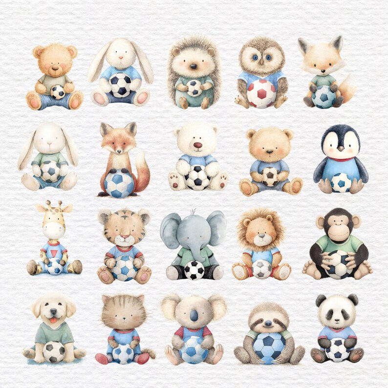May include: Watercolor illustrations of various animals, including a bear, bunny, hedgehog, owl, and fox, each holding a soccer ball. The animals are depicted in a seated position, wearing blue and red outfits, with a soft, textured watercolor style.