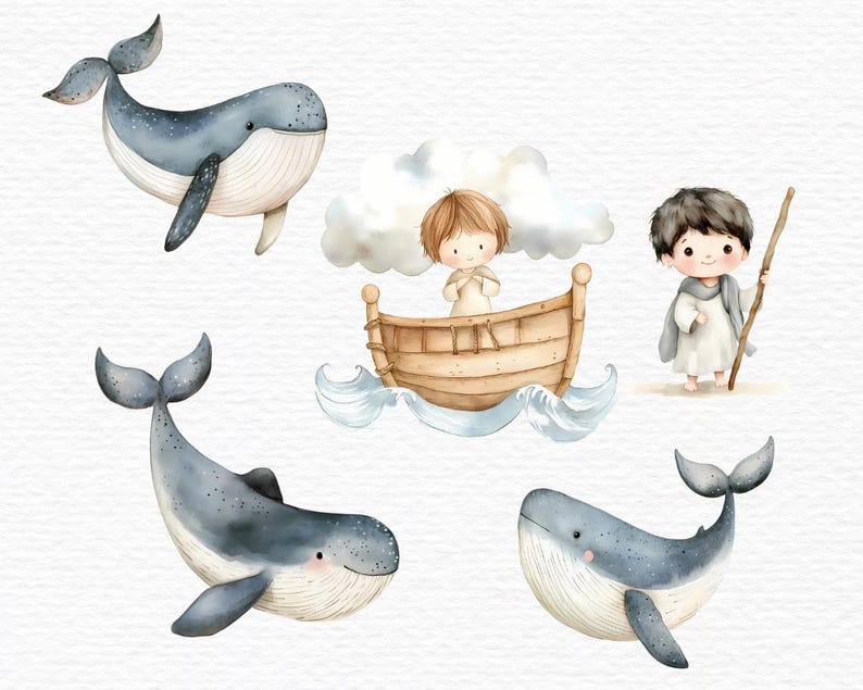 May include: Watercolour illustration of a boy in a boat with a whale in the background. The boy is wearing a white robe and has brown hair. The boat is made of wood and has a brown sail. The whale is blue and has a white belly. The illustration is set against a white background.
