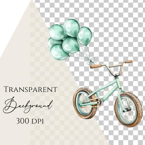 May include: A teal blue bicycle with brown tyres and a string of teal blue balloons attached to the handlebars.