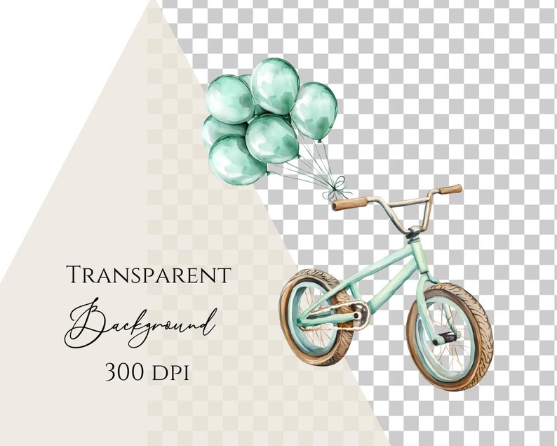 May include: A teal blue bicycle with brown tyres and a string of teal blue balloons attached to the handlebars.