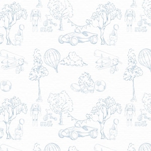 Puede incluir: Patr&oacute;n repetitivo con dibujos lineales en azul claro de juguetes y elementos exteriores sobre fondo blanco. El dise&ntilde;o incluye coches de carreras, aviones, globos aerost&aacute;ticos, &aacute;rboles, un bal&oacute;n de f&uacute;tbol y una figura de conejo. Adecuado para la decoraci&oacute;n infantil.