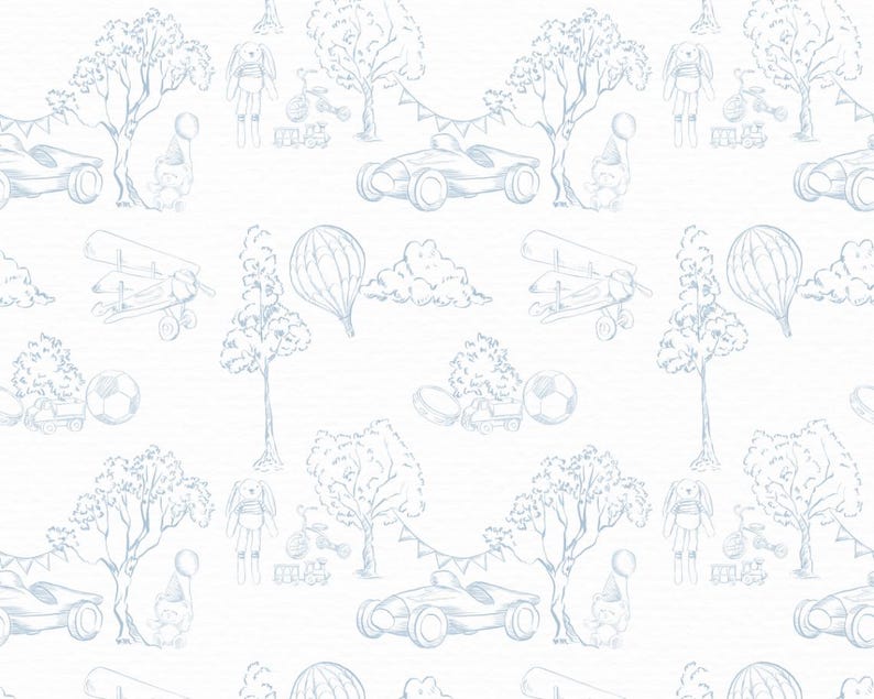 Puede incluir: Patr&oacute;n repetitivo con dibujos lineales en azul claro de juguetes y elementos exteriores sobre fondo blanco. El dise&ntilde;o incluye coches de carreras, aviones, globos aerost&aacute;ticos, &aacute;rboles, un bal&oacute;n de f&uacute;tbol y una figura de conejo. Adecuado para la decoraci&oacute;n infantil.