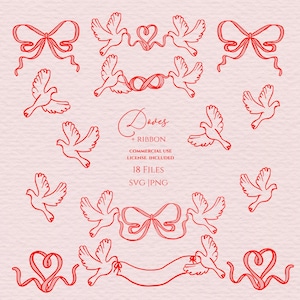 Peut inclure: Illustrations de colombes, rubans et coeurs rouges sur fond rose clair. L'image comprend le texte "Doves + Ribbon" et des informations sur les fichiers. Id&eacute;al pour les projets cr&eacute;atifs et le design num&eacute;rique.