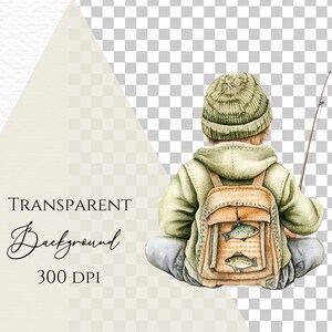 May include: A watercolor illustration of a person seen from behind, wearing a green knit beanie and a light green hooded jacket. The person carries a tan backpack with two small fish illustrations on the pocket and holds a thin fishing rod.