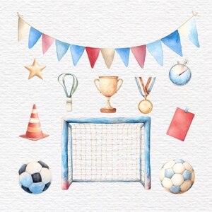 May include: Watercolor illustration of soccer-themed elements. Includes a soccer goal, soccer balls, a trophy, a medal, a stopwatch, a star, a traffic cone, and a banner with blue, red, and beige pennants. The artwork has a hand-painted aesthetic.