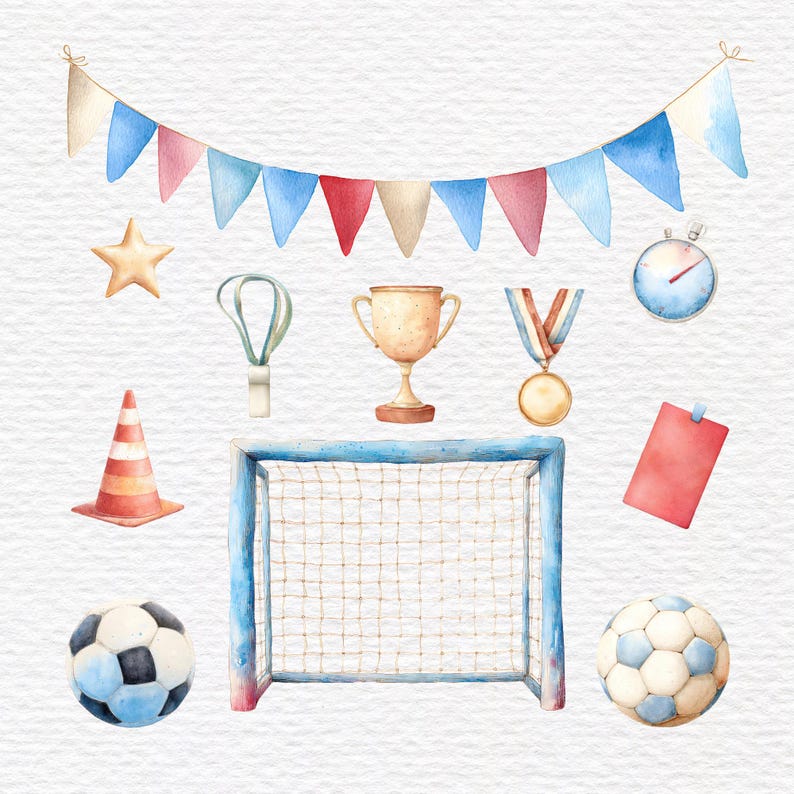 May include: Watercolor illustration of soccer-themed elements. Includes a soccer goal, soccer balls, a trophy, a medal, a stopwatch, a star, a traffic cone, and a banner with blue, red, and beige pennants. The artwork has a hand-painted aesthetic.