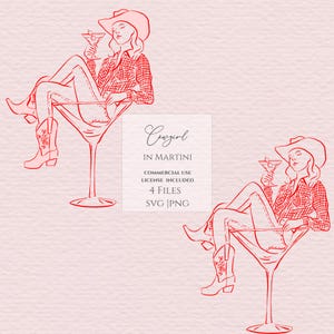 Peut inclure: Illustration en trait rouge d'une cowgirl dans un verre &agrave; martini, portant un chapeau de cow-boy, une chemise &agrave; carreaux, un jean et des bottes de cow-boy. La cowgirl tient un martini. L'image comprend le texte "Cowgirl in Martini".