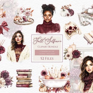 May include: A digital clipart bundle of 52 fall-themed illustrations. The illustrations feature women, pumpkins, leaves, flowers, sweaters, and other fall elements. The text "Fall Selfcare Clipart Bundle" is included in the image.