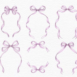 May include: Watercolor illustration of six lavender ribbons with bows. The ribbons have flowing, wavy ends, and are arranged in various shapes. The bows are detailed with shading, and the background is a textured white.