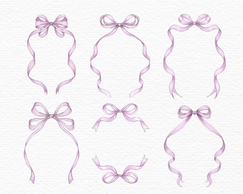 May include: Watercolor illustration of six lavender ribbons with bows. The ribbons have flowing, wavy ends, and are arranged in various shapes. The bows are detailed with shading, and the background is a textured white.