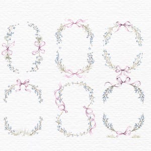 May include: Watercolor illustrations of floral wreaths and oval frames. Each design features delicate blue flowers, green leaves, and soft pink ribbons. The collection includes various shapes and arrangements, perfect for invitations or decorative art.