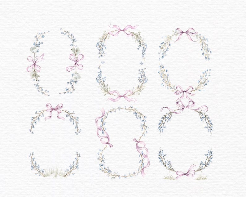 May include: Watercolor illustrations of floral wreaths and oval frames. Each design features delicate blue flowers, green leaves, and soft pink ribbons. The collection includes various shapes and arrangements, perfect for invitations or decorative art.