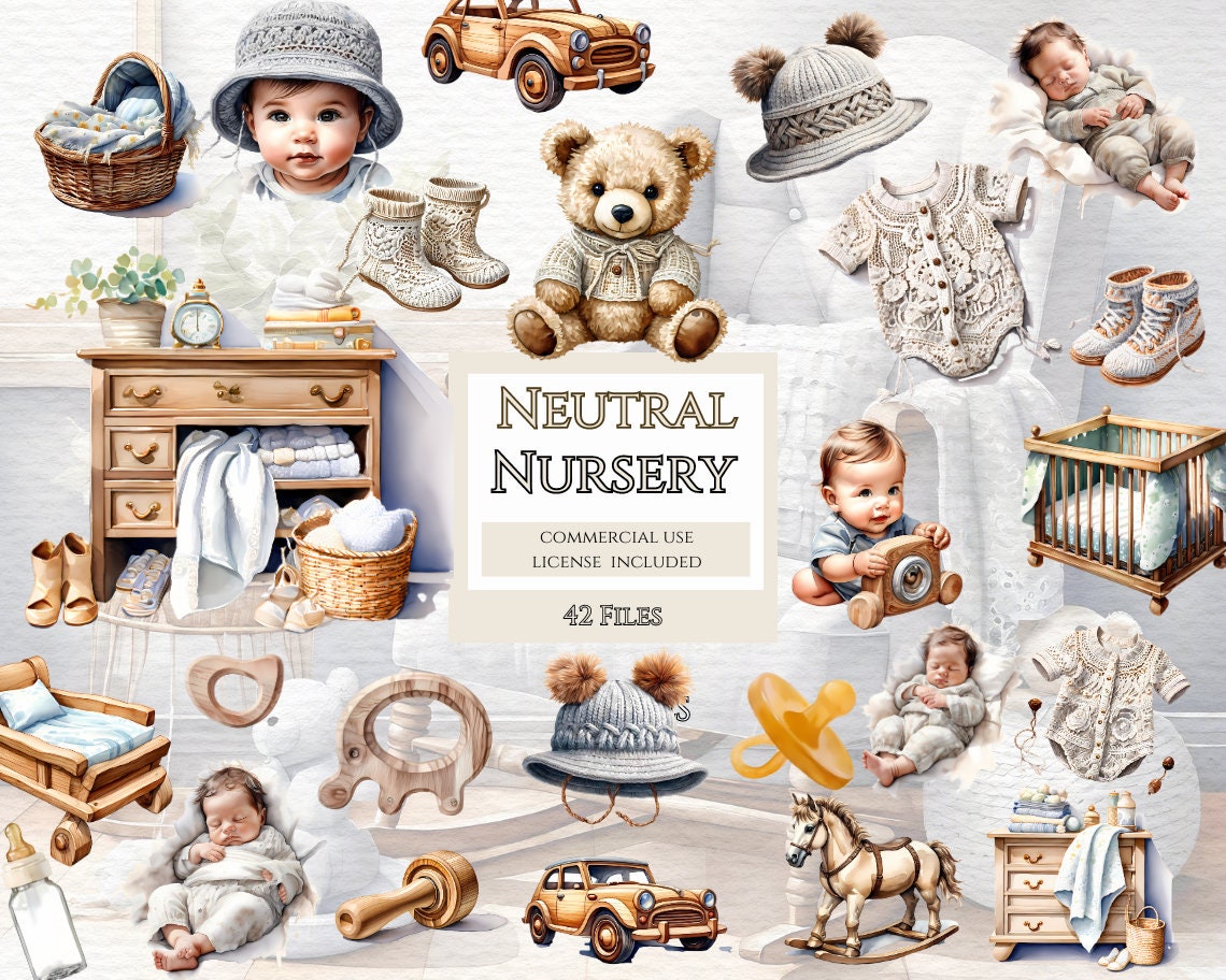 Gender Neutral Baby Shower Clipart, Teddy Bear Clipart, Nursery Clipart