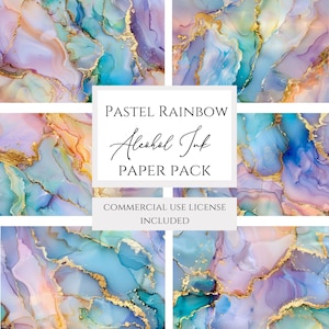 May include: A set of six digital paper backgrounds featuring abstract alcohol ink designs in pastel rainbow colours with gold accents. The text "PASTEL RAINBOW Alcohol Ink PAPER PACK COMMERCIAL USE LICENSE INCLUDED" is displayed on a white rectangle in the centre of the image.