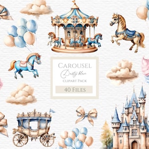 Carousel watercolor clipart, baby shower clipart, nursery clipart. Learn more by clicking on description below.