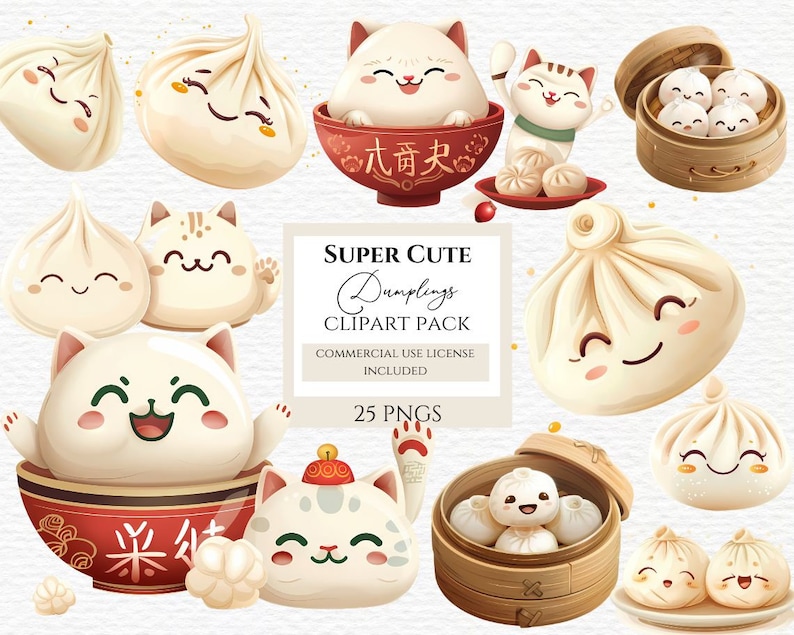 Op de afbeelding: Een set van 25 digitale clipart-afbeeldingen met schattige cartoon-dumplings en katten. De dumplings hebben glimlachende gezichten en staan in verschillende poses, waaronder in kommen en stoommandjes. De katten glimlachen ook en hebben verschillende uitdrukkingen. De tekst "SUPER CUTE Dumplings CLIPART PACK COMMERCIAL USE LICENSE INCLUDED 25 PNGS" is opgenomen in de afbeelding.
