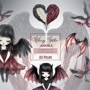 Op de afbeelding: Whimsy Gothic Angels digitale clipartset met 22 bestanden. De set bevat afbeeldingen van zwarte en rode engelenvleugels, een zwart-witte engel met een rood hart, een zwarte en rode vleermuis en een zwarte en rode vlinder.