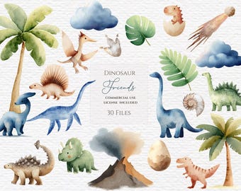 May include: A collection of watercolor dinosaur illustrations including various species, palm trees, clouds, a volcano, and eggs. The central text reads Dinosaur Friends, Commercial Use License Included, 30 Files. The artwork features soft green, blue, and brown tones.