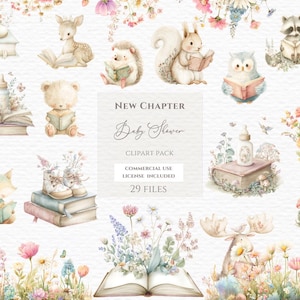 A new chapter baby shower clipart, Watercolor Clipart, Watercolor Animals, Woodland Animals Png, Book Lover Clipart, Bookworm Clipart.