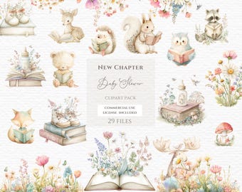 A new chapter baby shower clipart, Watercolor Clipart, Watercolor Animals, Woodland Animals Png, Book Lover Clipart, Bookworm Clipart.