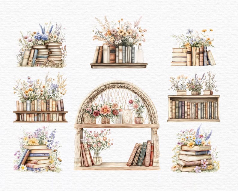Op de afbeelding: Een aquarel-illustratie van negen verschillende boekenkasten met verschillende bloemen en boeken. De boekenkasten zijn allemaal van hout en hebben een rustieke uitstraling. De bloemen zijn in verschillende kleuren, waaronder roze, paars en geel. De boeken zijn allemaal van verschillende groottes en kleuren.