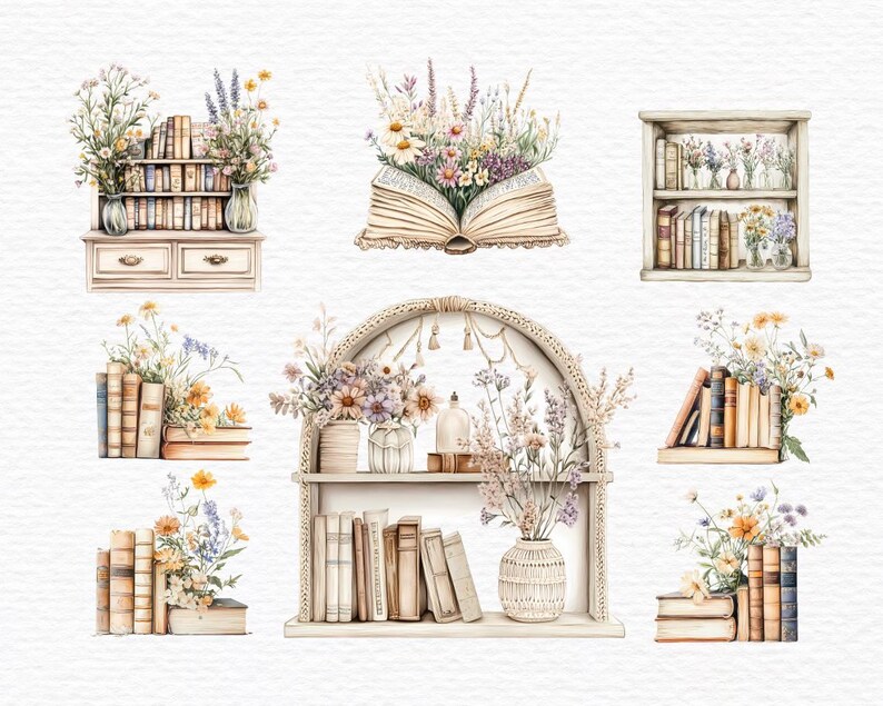Op de afbeelding: Waterverfillustratie van verschillende boekenkasten en planken met boeken, bloemen en decoratieve elementen. De planken zijn in vintage stijl met witte verf en ingewikkelde details. De bloemen zijn in tinten roze, paars en geel. De boeken zijn allemaal in verschillende maten en kleuren.