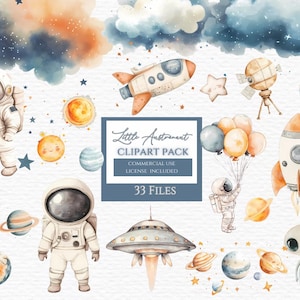 Pacchetto clipart spazio acquerello astronauta razzo png, clipart astronauta, pacchetto clipart, uso commerciale, clipart luna, clipart pianeti.